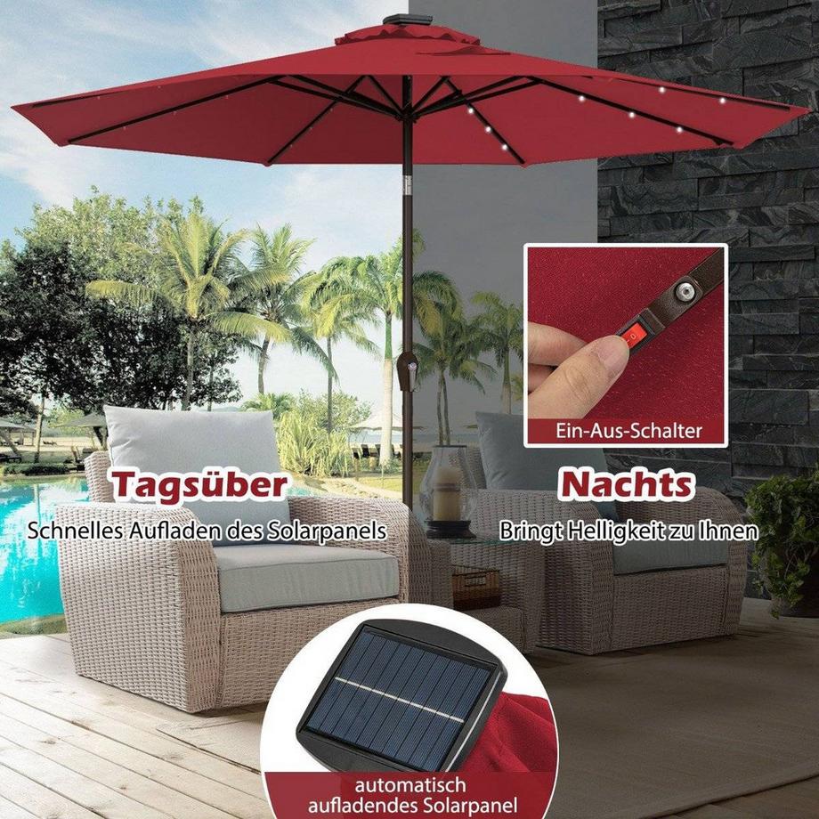 Northix Parasol déporté à éclairage LED, rond, à énergie solaire, manivelle rouge ø 3M  