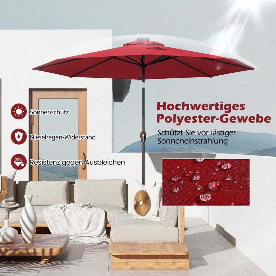 Northix Parasol déporté à éclairage LED, rond, à énergie solaire, manivelle rouge ø 3M  