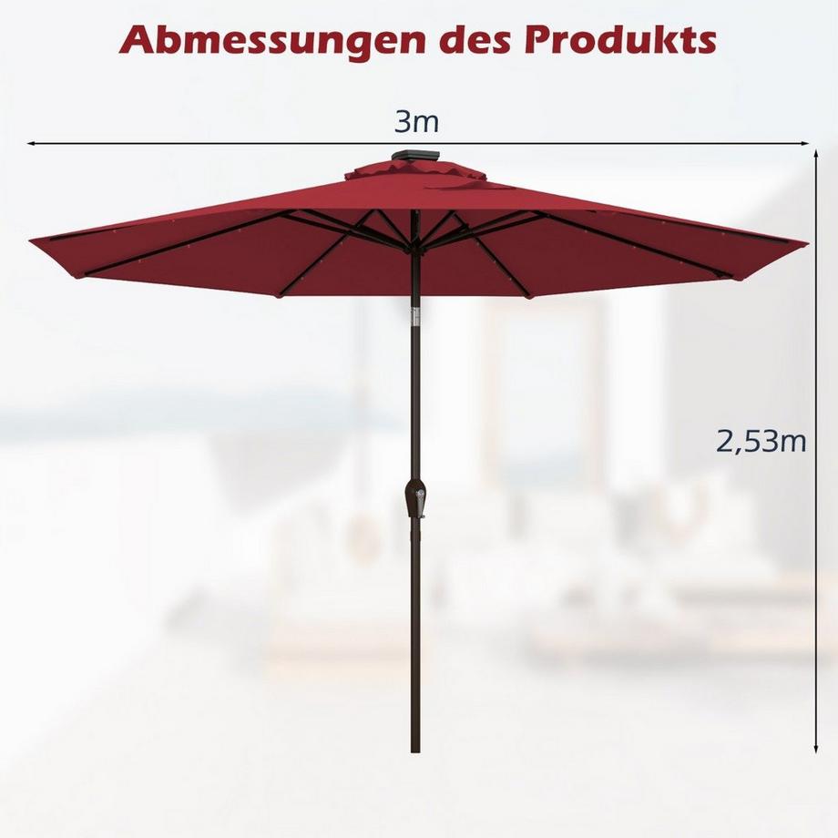LED Beleuchtung Ampelschirm rund Sonnenschirm Solarbetrieben Gartenschirm Kurbel-rot-ø 3M