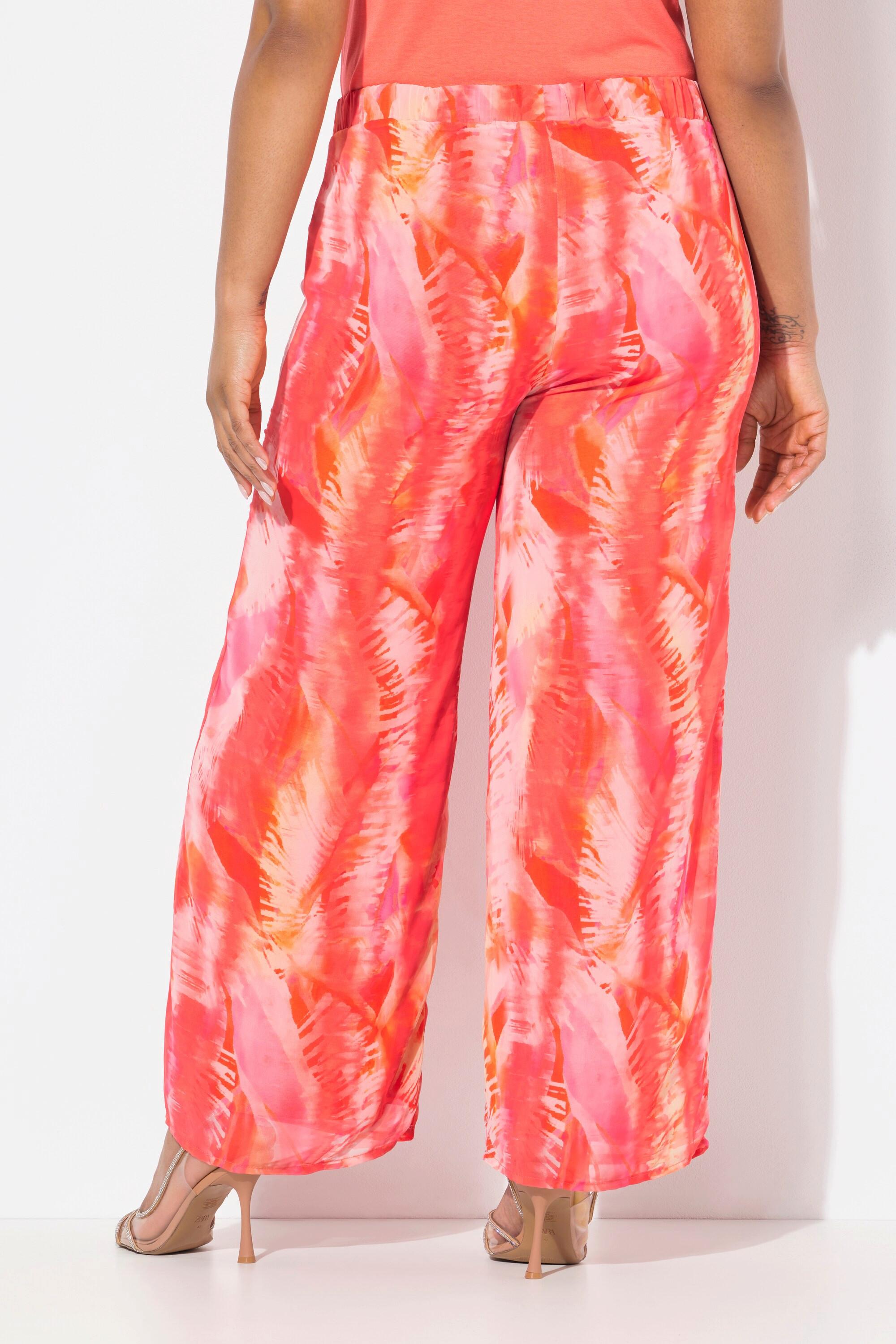 Ulla Popken Pantaloni di chiffon doppio strato gamba larga vita elastica fantasia piume  