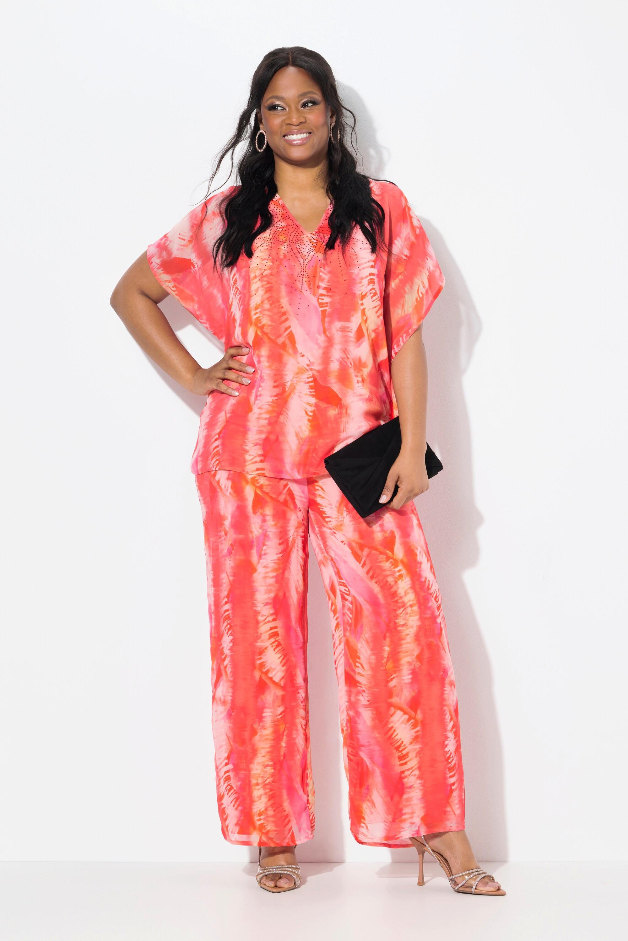 Ulla Popken Pantaloni di chiffon doppio strato gamba larga vita elastica fantasia piume  