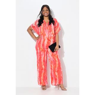 Ulla Popken Pantaloni di chiffon doppio strato gamba larga vita elastica fantasia piume  