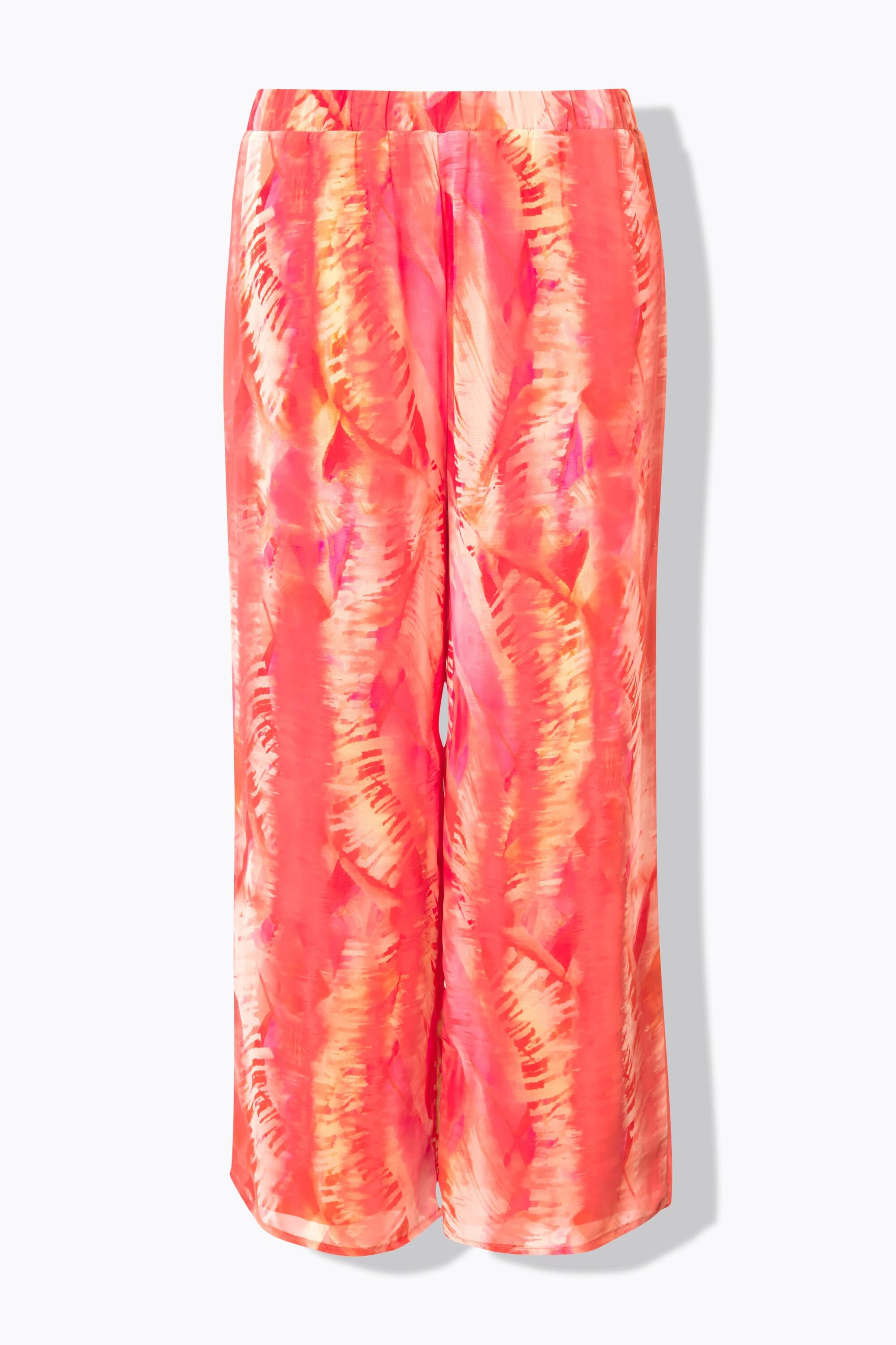 Ulla Popken Pantaloni di chiffon doppio strato gamba larga vita elastica fantasia piume  