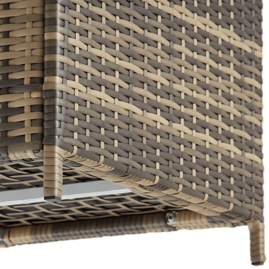 Tectake Auflagenbox Kuusamo 253 l, mit Aluminiumgestell und Rattangeflecht Griffschlaufe und 2 drehbare Rollen mit Feststellbremse  