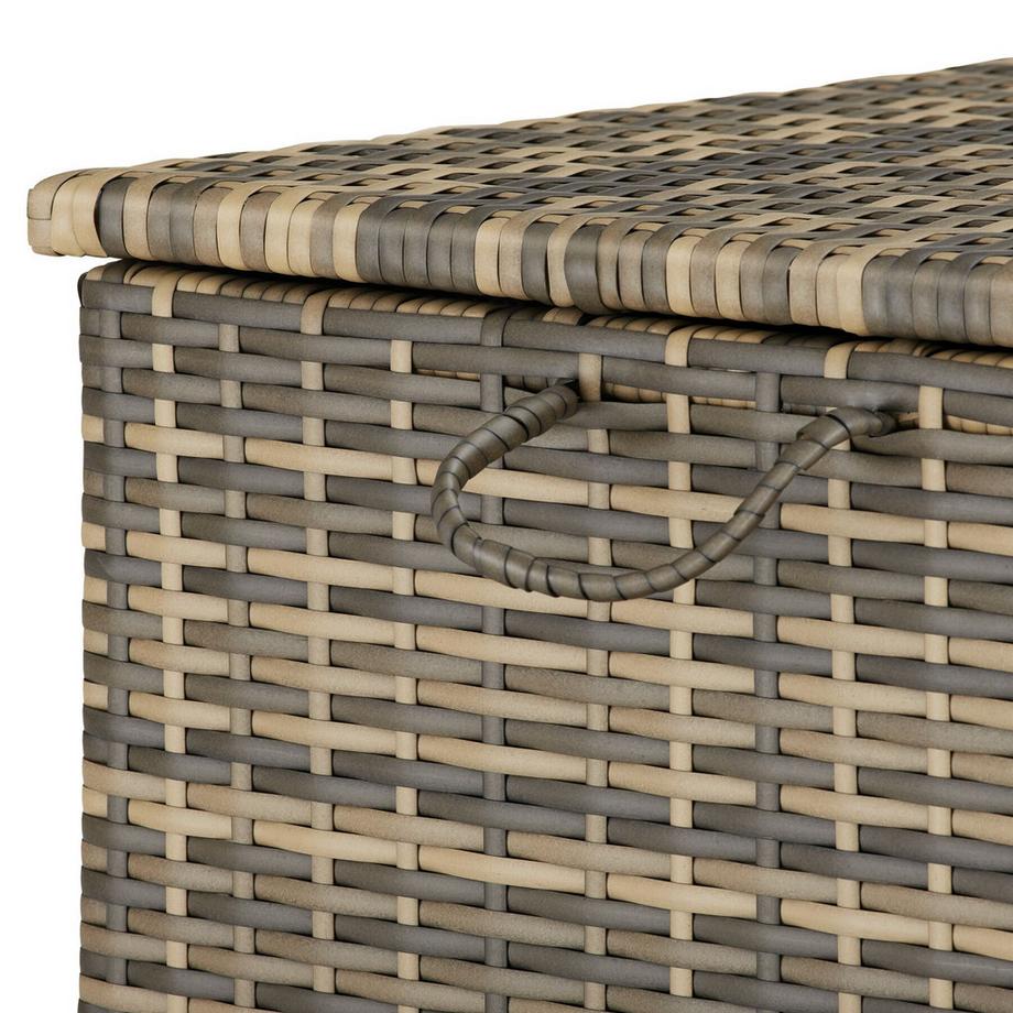 Tectake Auflagenbox Kuusamo 253 l, mit Aluminiumgestell und Rattangeflecht Griffschlaufe und 2 drehbare Rollen mit Feststellbremse  