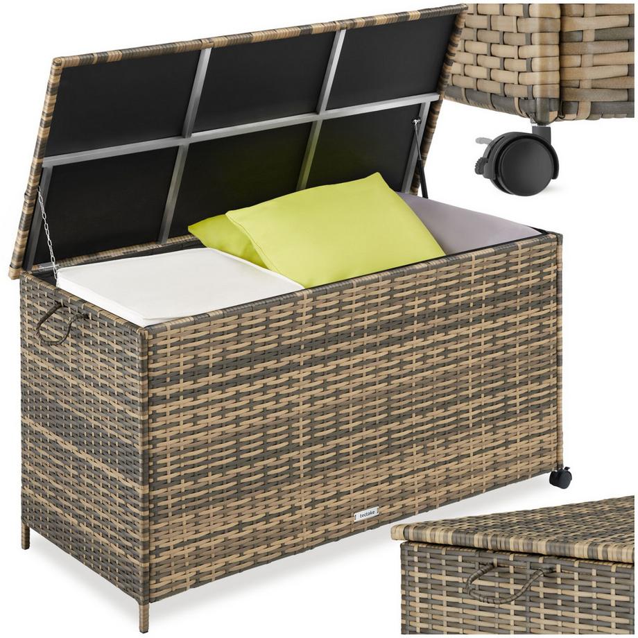 Auflagenbox Kuusamo 253 l, mit Aluminiumgestell und Rattangeflecht Griffschlaufe und 2 drehbare Rollen mit Feststellbremse