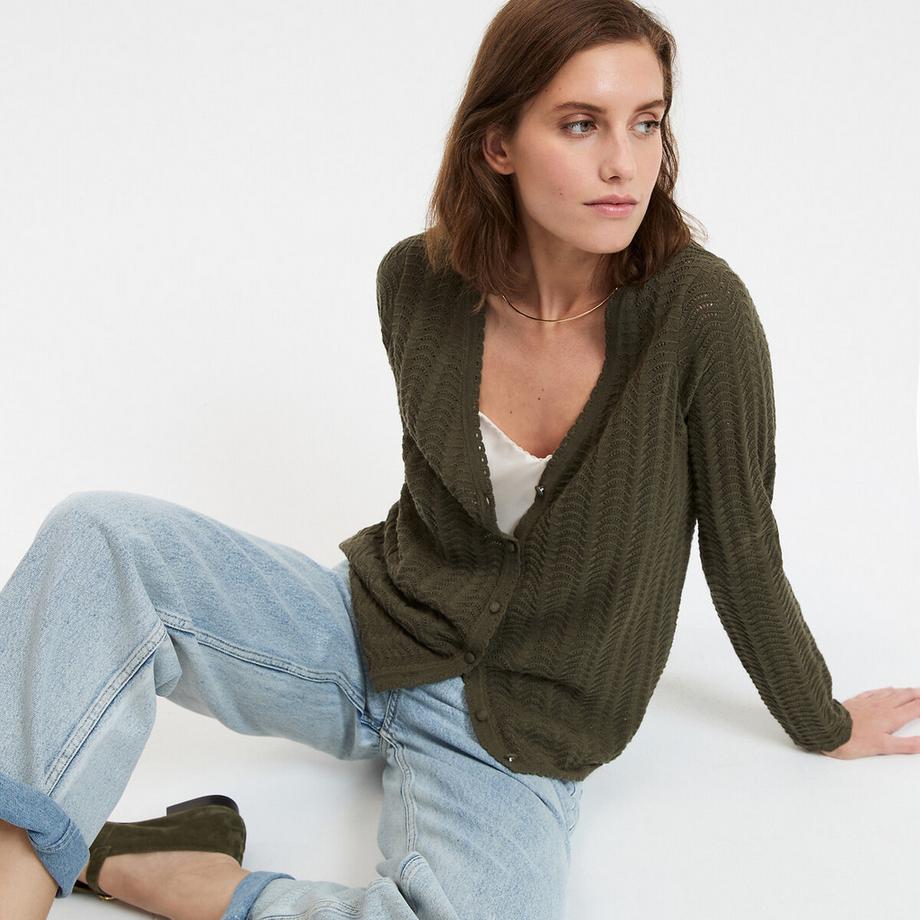 Feinstrickcardigan mit V-Ausschnitt und Knopfverschluss