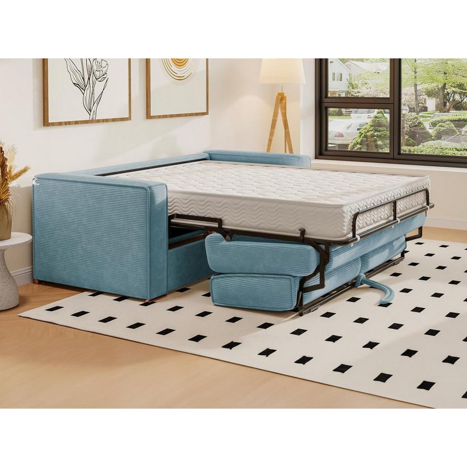 Vente-unique Canapé 3 places convertible express en velours côtelé bleu turquoise - Couchage 140 cm - Matelas 22 cm LORETO  