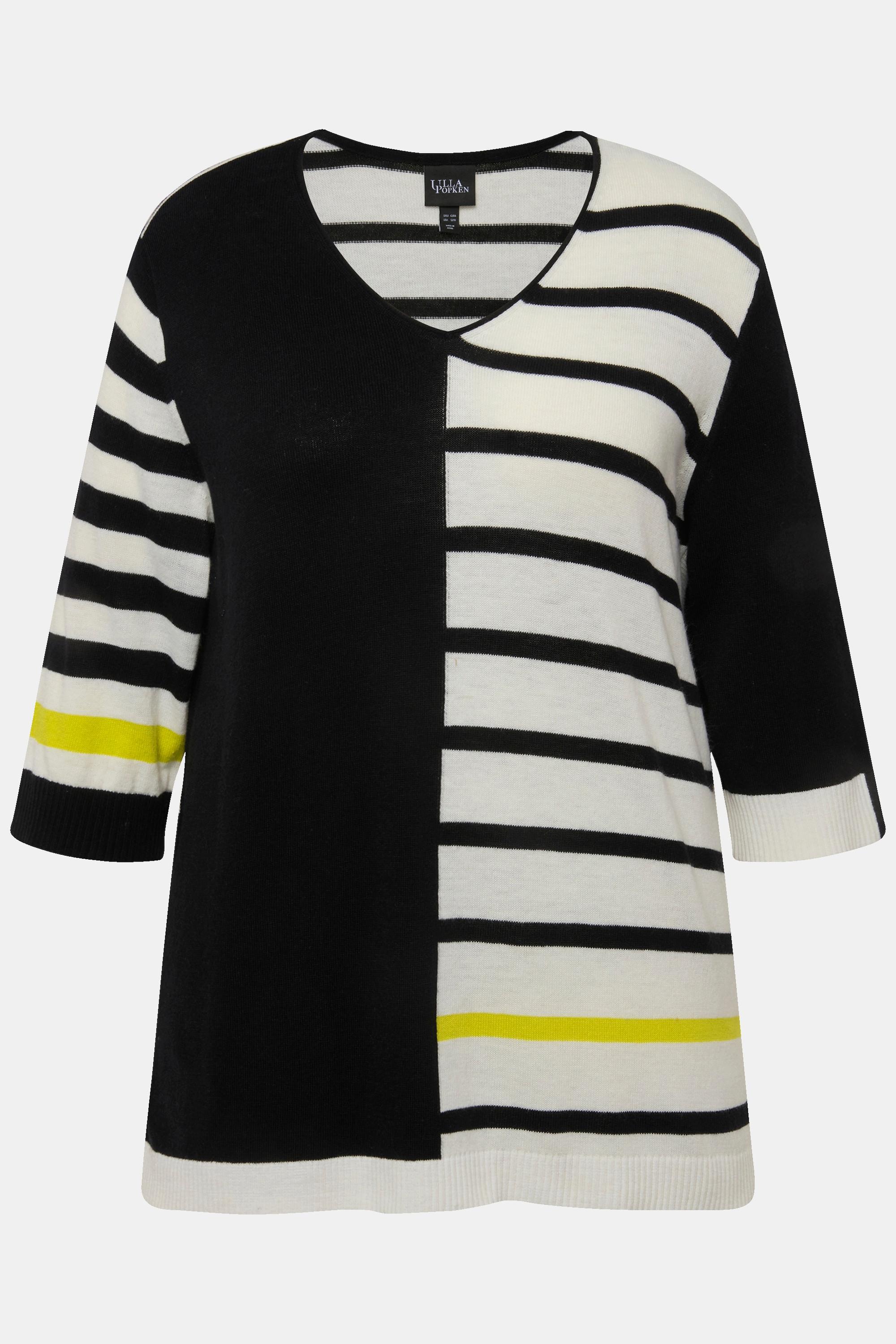 Ulla Popken  Pull col en V et manches 3/4, esprit colour block 