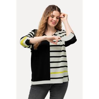 Ulla Popken  Pull col en V et manches 3/4, esprit colour block 