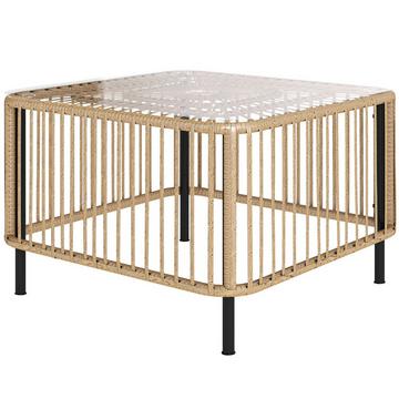 Table de jardin en polyrotin 65 x 65 x 43 cm, table d'appoint résistante aux intempéries, table de terrasse carrée avec plateau en verre, table basse, table de balcon, salon de jardin pour jardin, terrasse, balcon, bois naturel Aosom