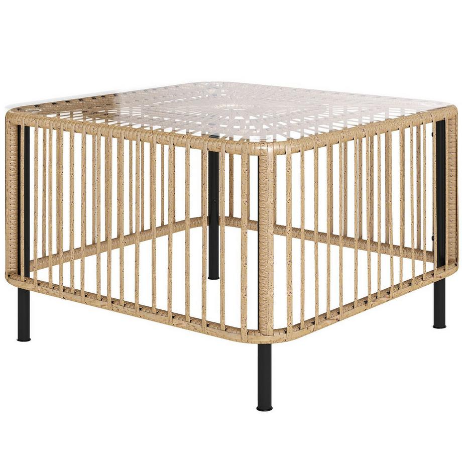 Polyrattan Gartentisch, 65 x 65 x 43 cm, wetterfest Beistelltisch quadrarischer Terrassentisch mit Glasplatte Couchtisch Balkontisch Gartenmöbel für Garten, Terrasse, Balkon Naturholz Aosom