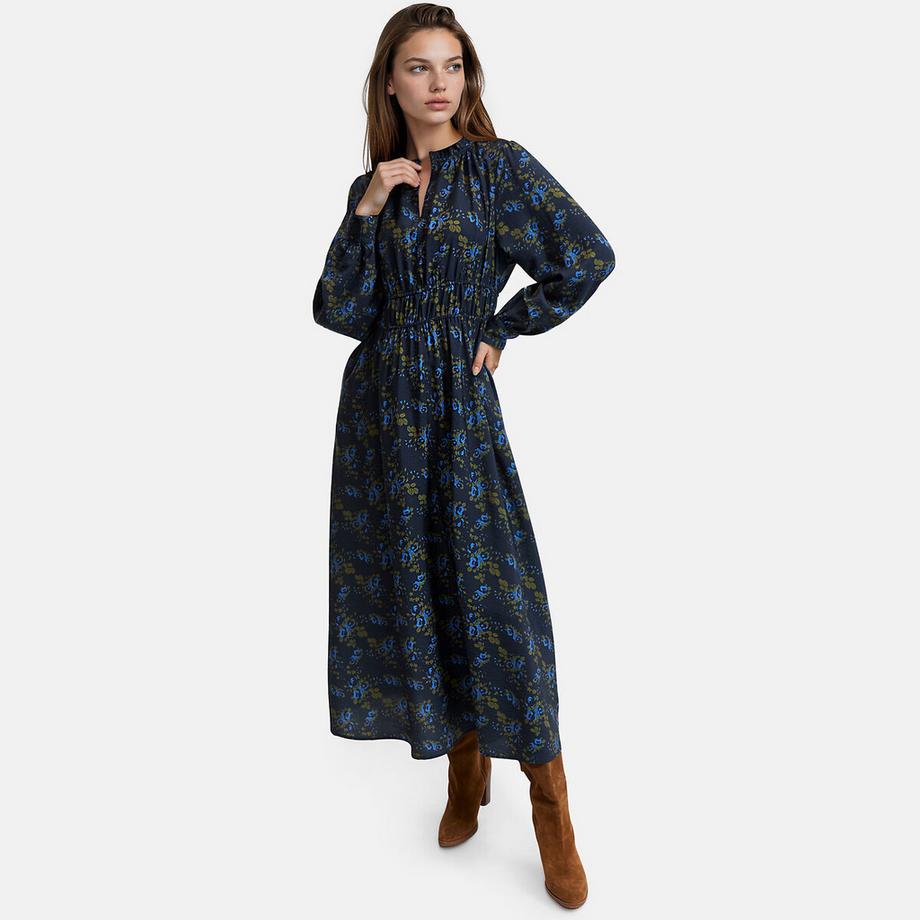 Robe longue imprimé floral à manches longues et col volanté