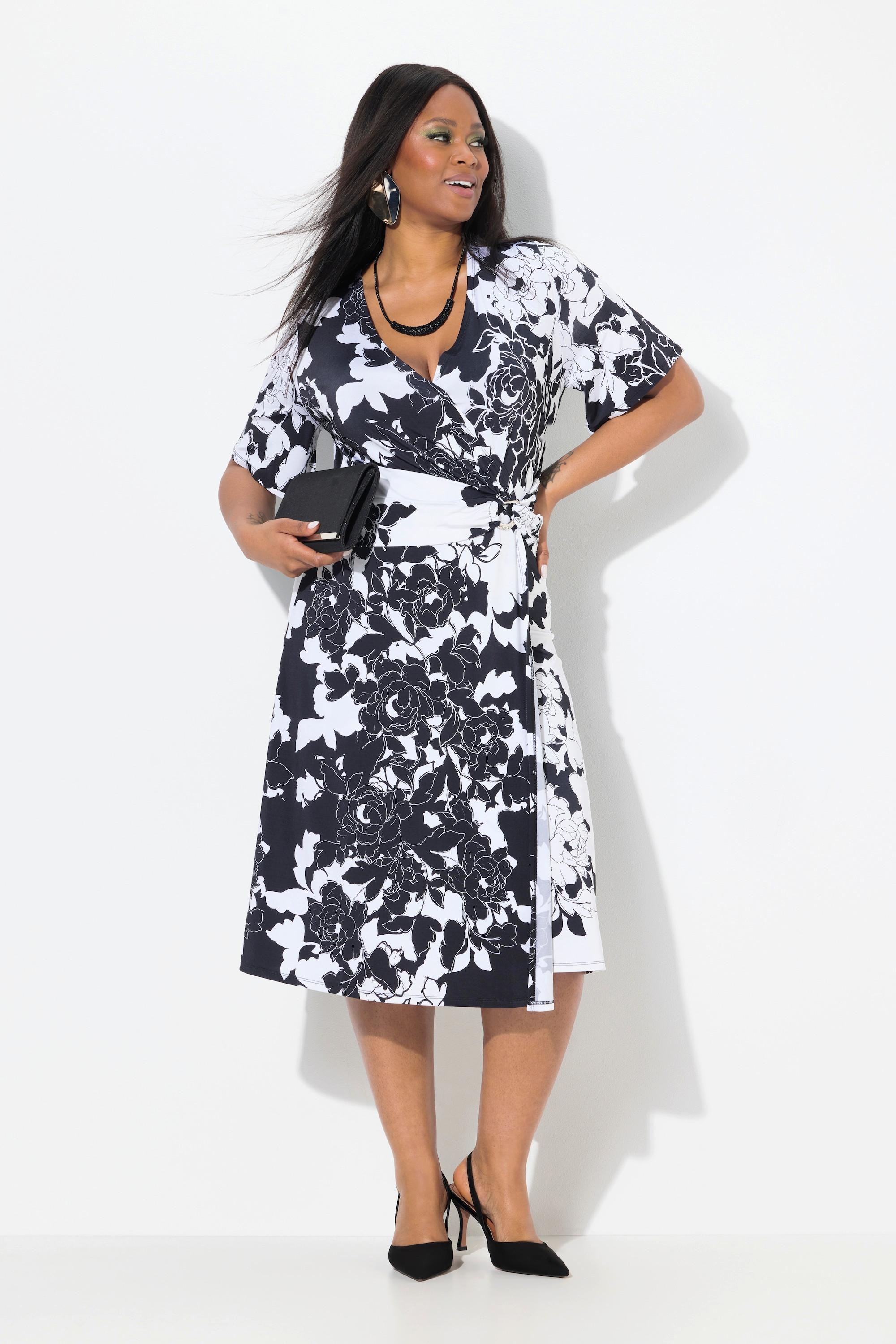 Ulla Popken Abito Slinky Floreale Drappeggiato Scollo a V Mezza Manica  