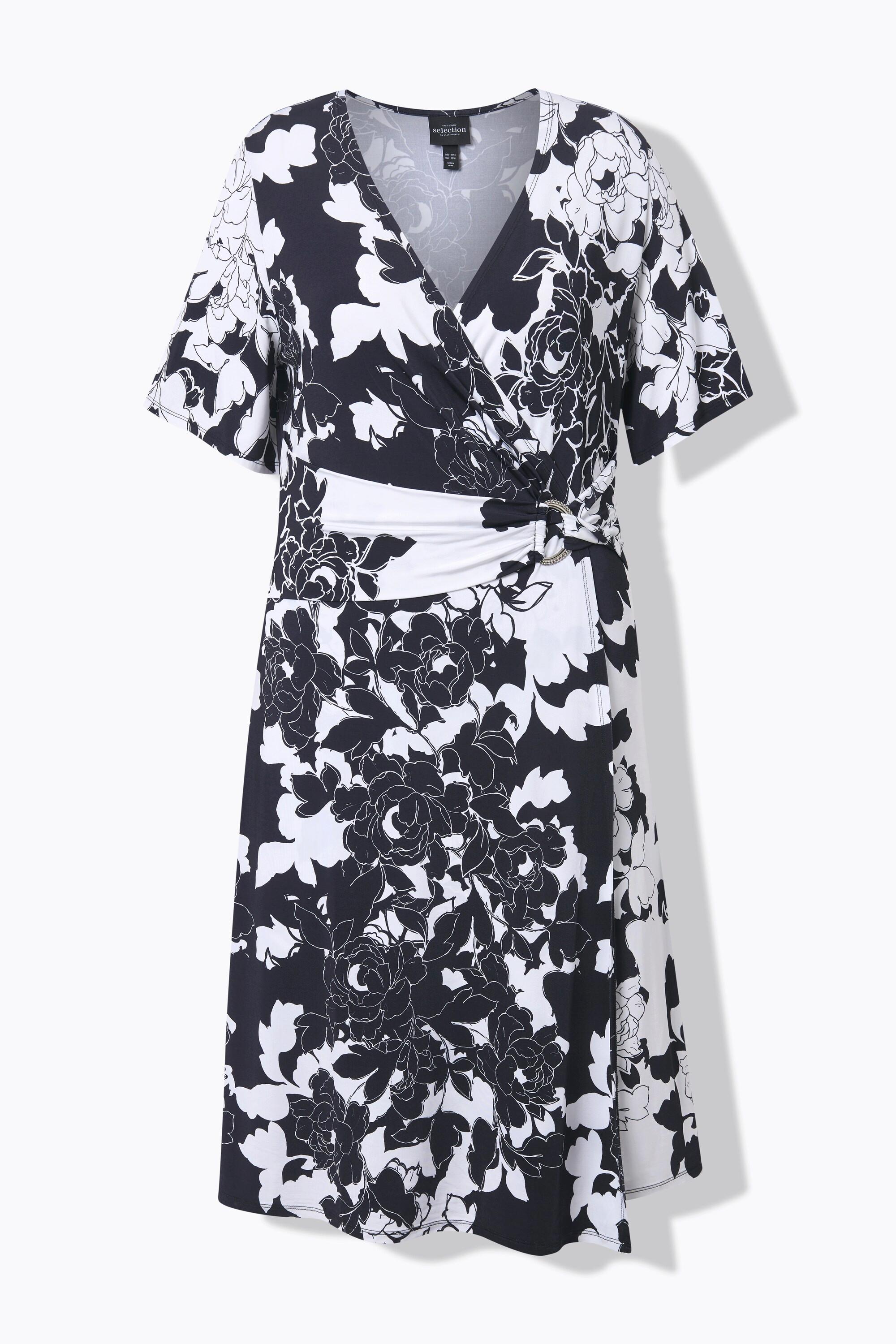 Ulla Popken Abito Slinky Floreale Drappeggiato Scollo a V Mezza Manica  