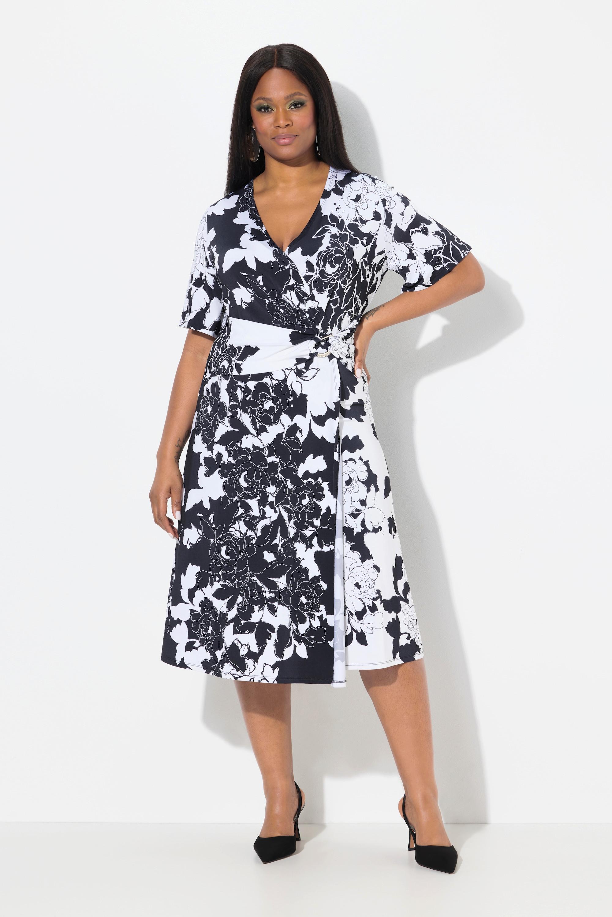 Ulla Popken Abito Slinky Floreale Drappeggiato Scollo a V Mezza Manica  