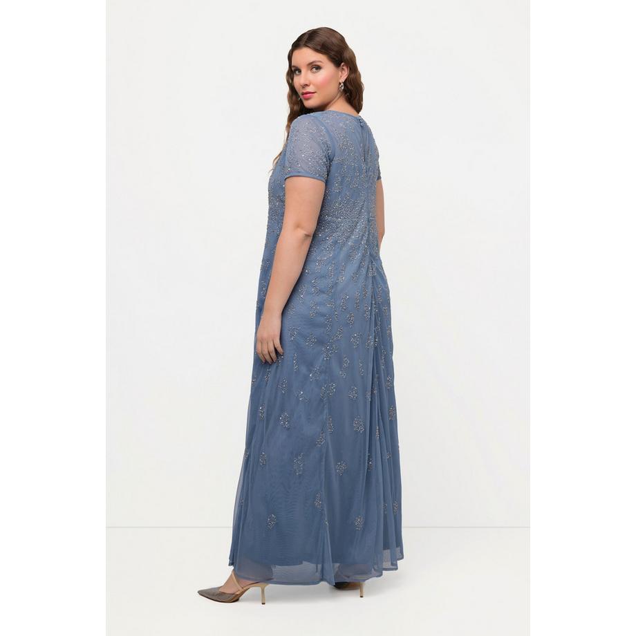 Ulla Popken Abito di Mesh Ricami con Perline Scollo a Girocollo Mezze Maniche  