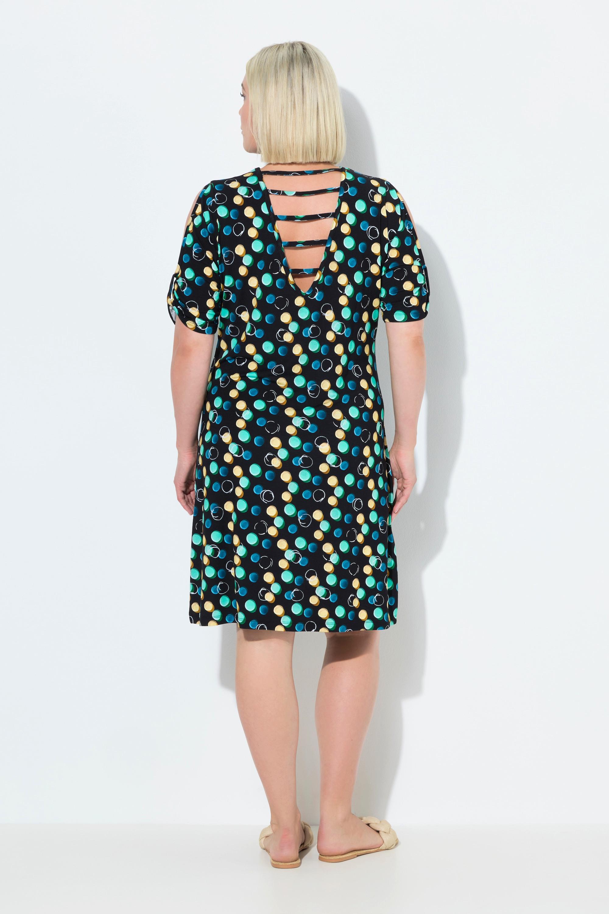 Ulla Popken Strandkleid Punkte Zierbänder V-Ausschnitt Halbarm  