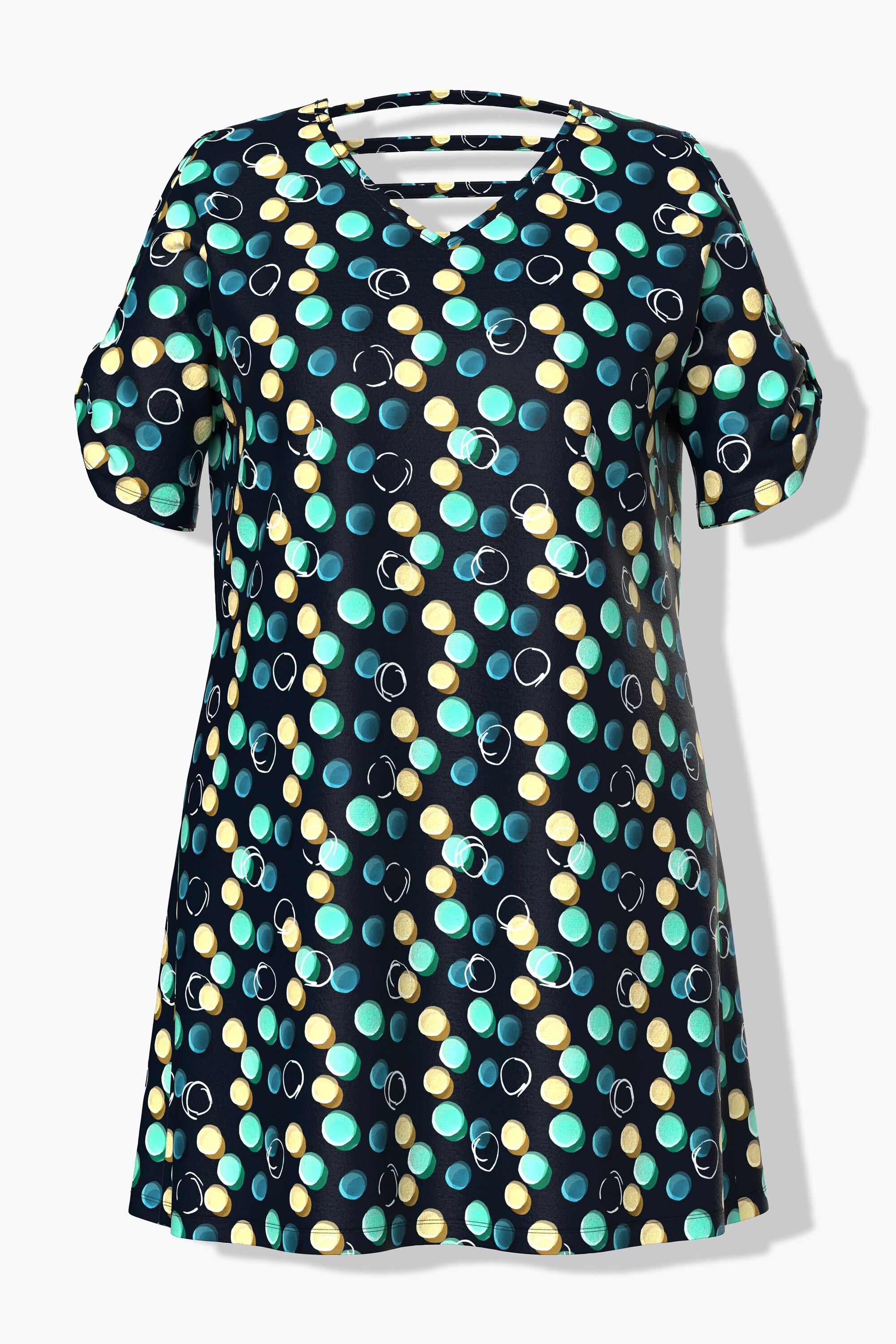 Ulla Popken Strandkleid Punkte Zierbänder V-Ausschnitt Halbarm  