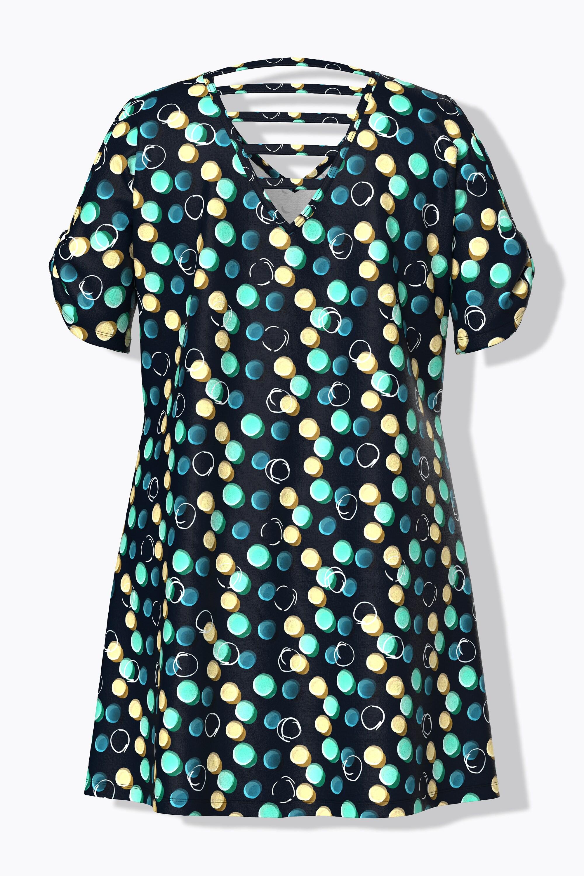 Ulla Popken Strandkleid Punkte Zierbänder V-Ausschnitt Halbarm  