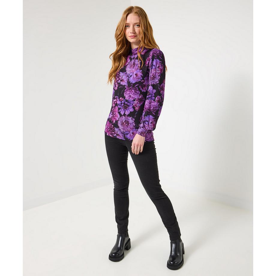 Blumenprint-Jersey-Top mit Stehkragen