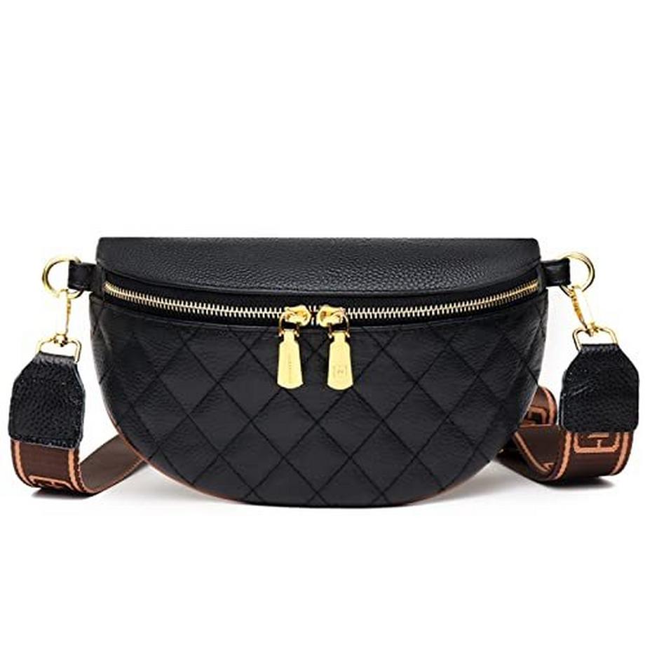 Umhängetasche Small Modern Black, Crossbody Bag Bag mit breitem Schulterriemen, Fanny Pack Leder
