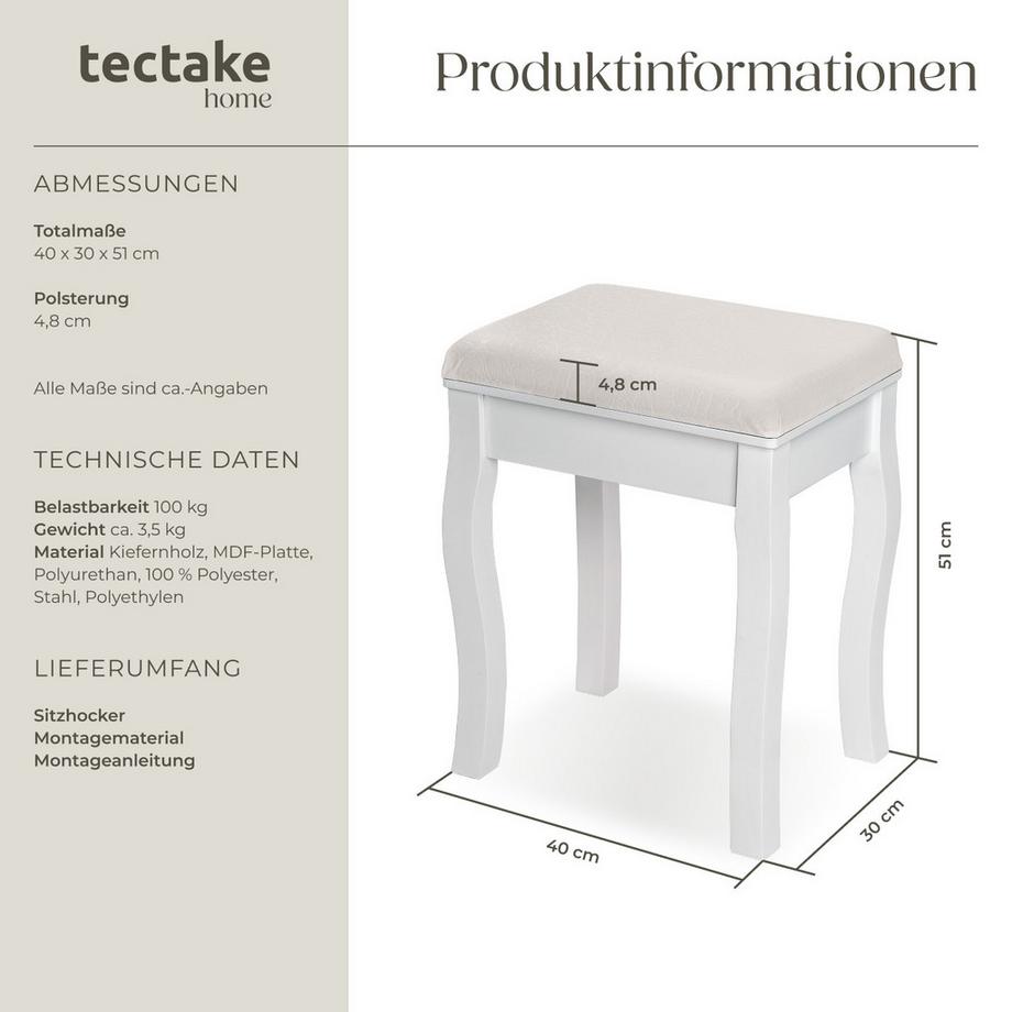 Tectake Schminkhocker  Vintage gepolstert, mit Massivholzbeinen  
