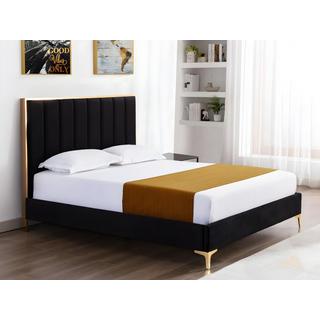 Vente-unique Lit 160 x 200 cm avec tête de lit coutures verticales - Velours - Noir et doré + Matelas - CLARISSE  