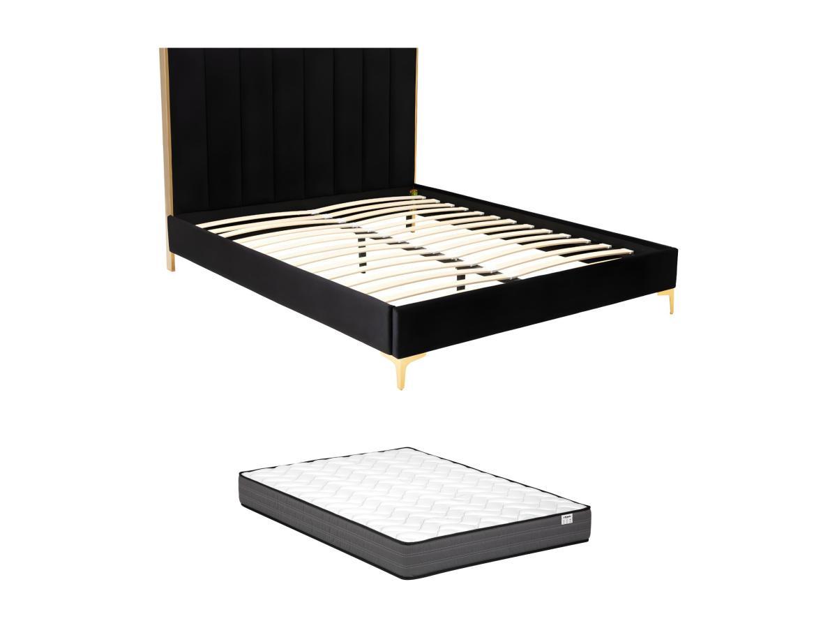 Vente-unique Bett mit Bettkopfteil + Matratze - 160 x 200 cm - Samt - Schwarz & Goldfarben - CLARISSE  