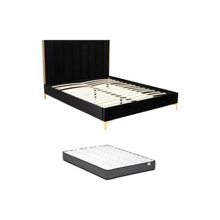 Vente-unique Lit 160 x 200 cm avec tête de lit coutures verticales - Velours - Noir et doré + Matelas - CLARISSE  