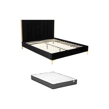 Bett mit Bettkopfteil + Matratze - 160 x 200 cm - Samt - Schwarz & Goldfarben - CLARISSE