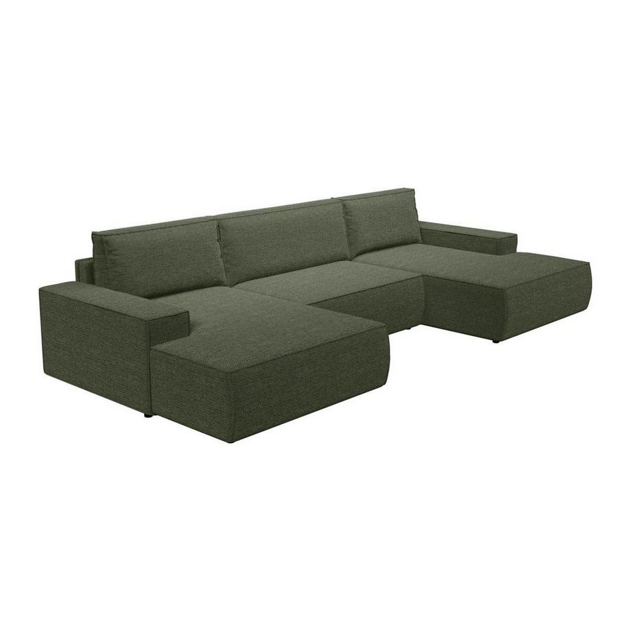 Vente-unique Grand canapé d'angle panoramique convertible en tissu texturé vert AMELIA  