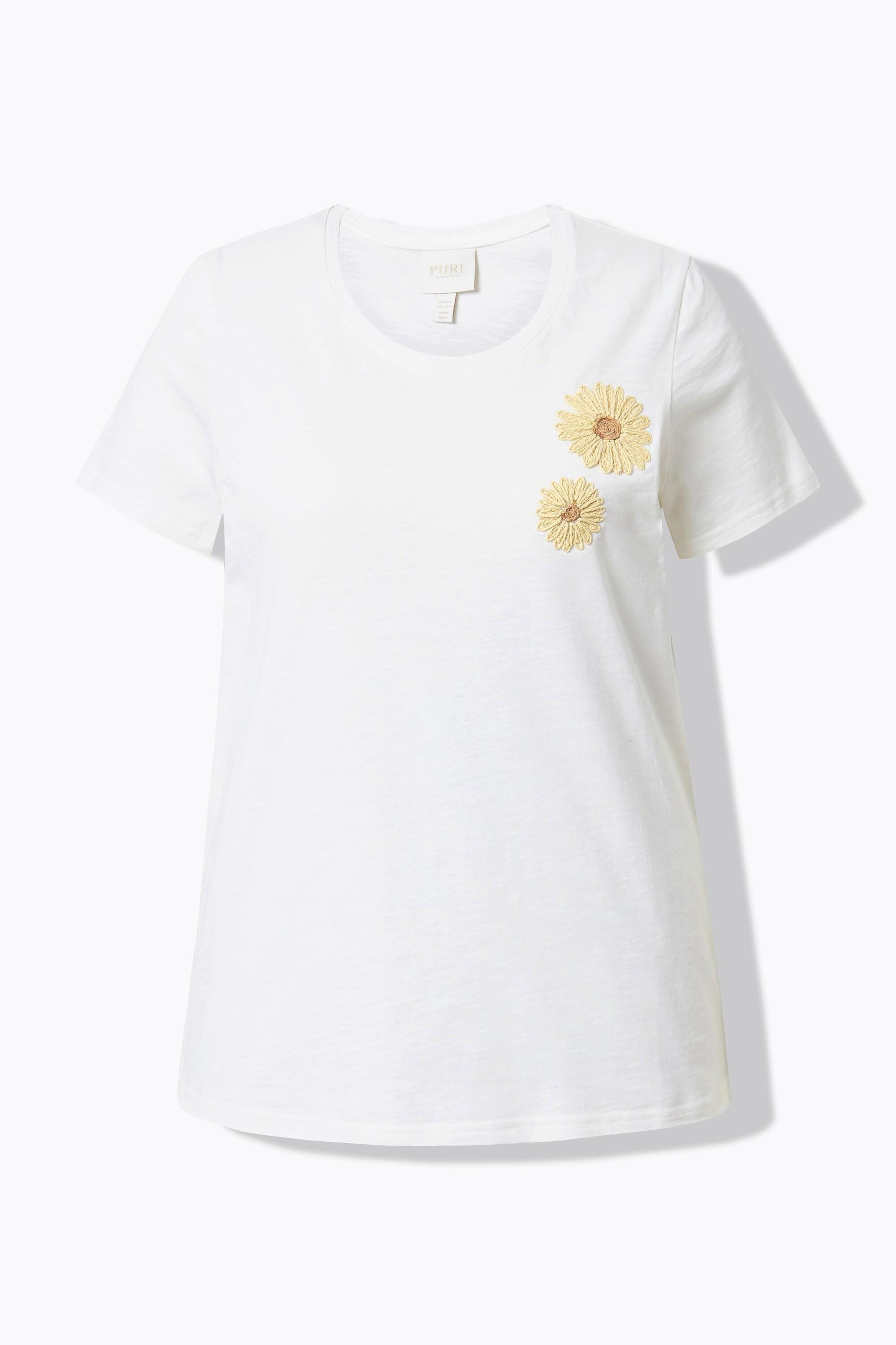 Ulla Popken Stickerei Rundhals Halbarm T-Shirt Biobaumwolle  