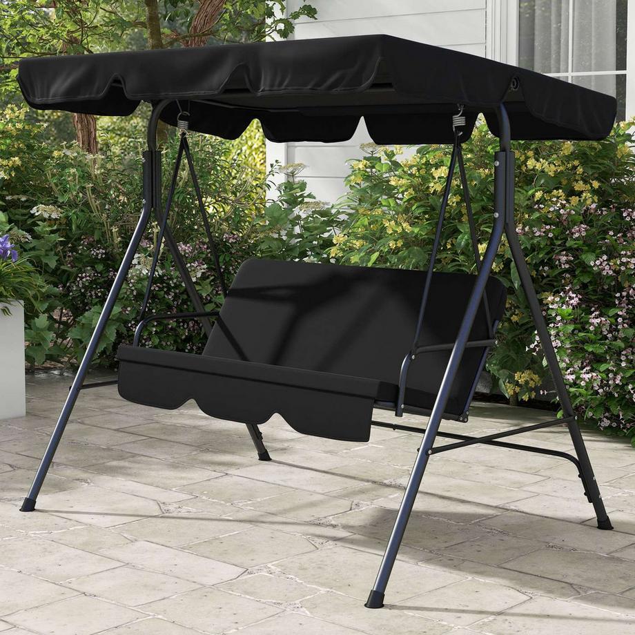 Northio Hollywoodschaukel 3-Sitzer Gartenschaukel Schaukelbank Mit Verstellbarem Dach Stahl Schwarz 172 X 110 X 153 Cm  