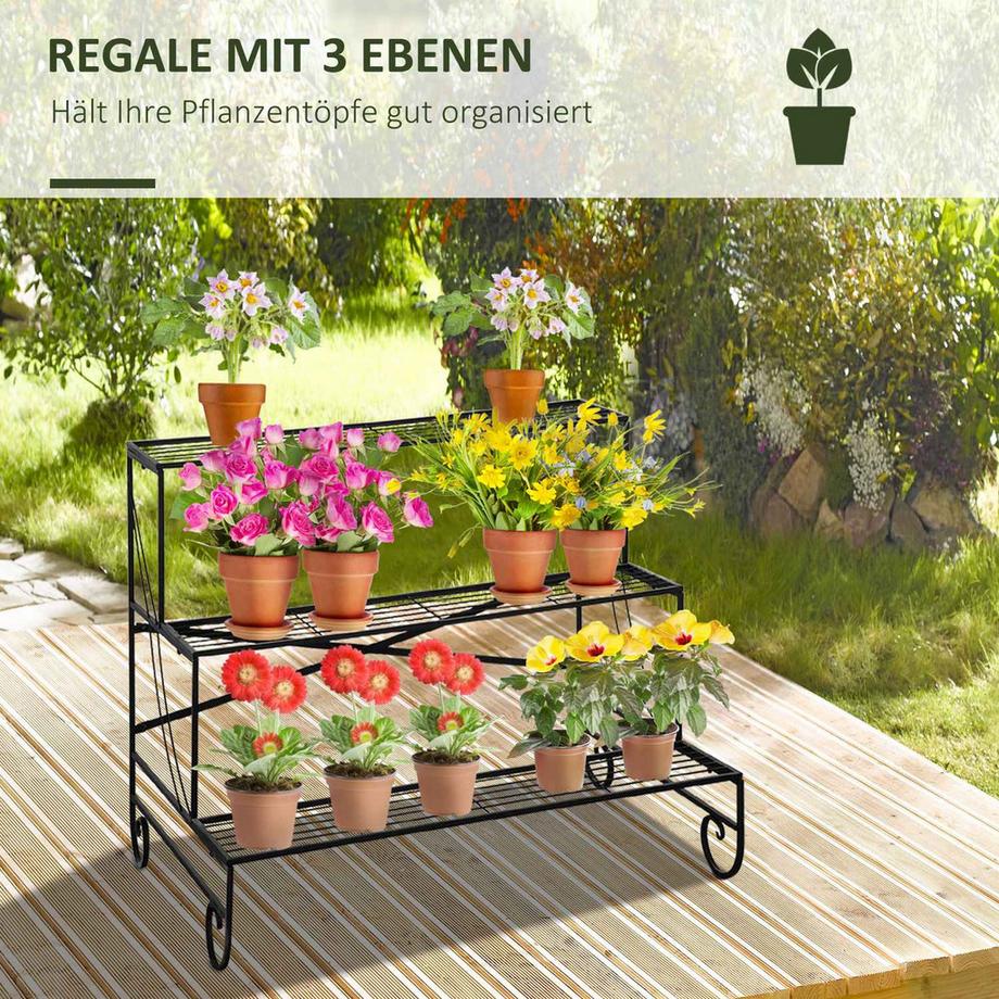 Northio Blumenregal Aus Metall 3-Stufiges Pflanzenregal, Blumentreppe Für Garten Und Balkon, Schwarz, 95X63X72Cm  