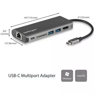 STARTECH.COM  StarTech.com USB-C Multiport Adapter, tragbare USB-C Dockingstation auf 4k HDMI, 2 Port USB 3.0 Hub, SD/SDHC, GbE, 60W PD Pass-Through - USB Typ-C/Thunderbolt 3 - ERSETZT DURCH DKT30CHSDPD1 