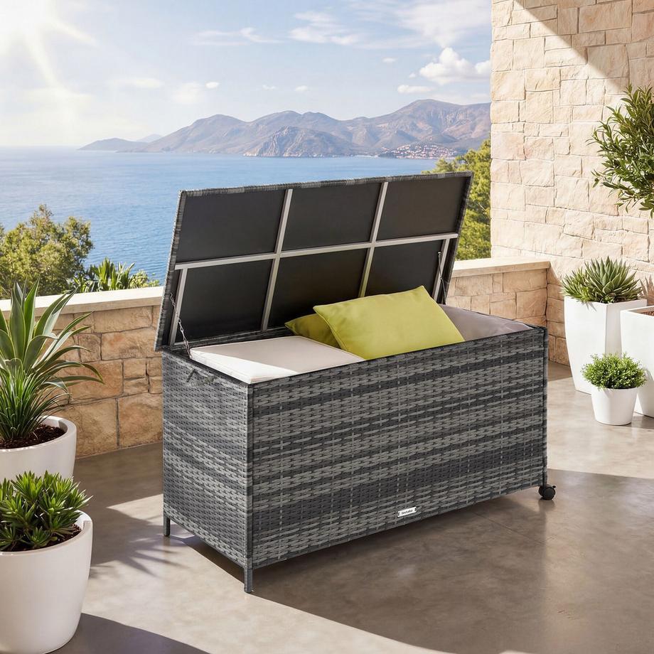 Tectake Auflagenbox Kuusamo 253 l, mit Aluminiumgestell und Rattangeflecht Griffschlaufe und 2 drehbare Rollen mit Feststellbremse  