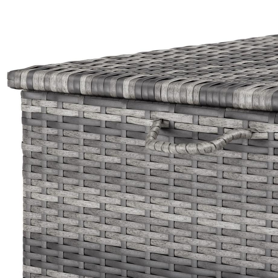 Tectake Auflagenbox Kuusamo 253 l, mit Aluminiumgestell und Rattangeflecht Griffschlaufe und 2 drehbare Rollen mit Feststellbremse  