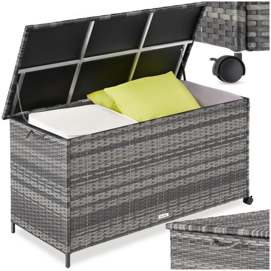 Auflagenbox Kuusamo 253 l, mit Aluminiumgestell und Rattangeflecht Griffschlaufe und 2 drehbare Rollen mit Feststellbremse