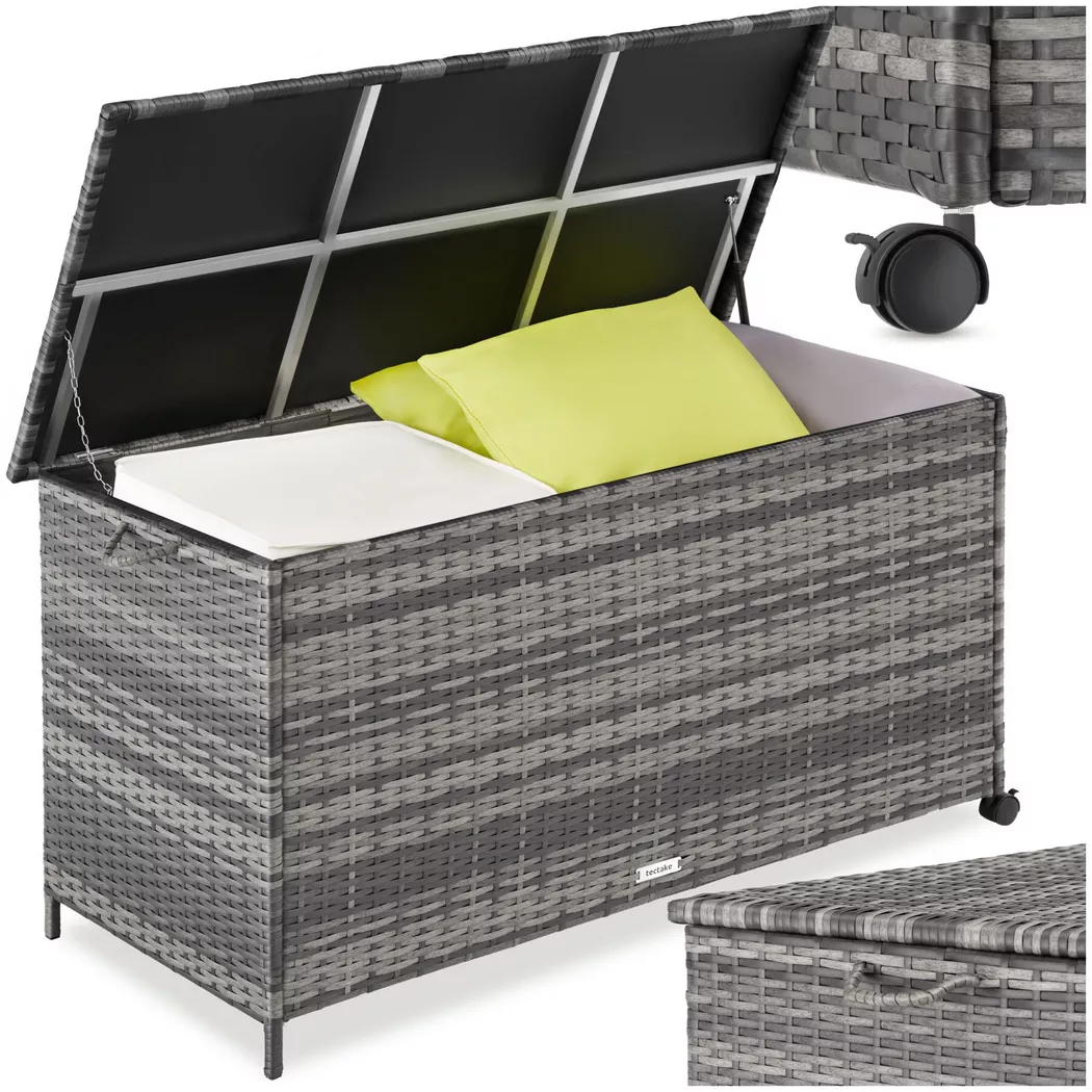 Tectake - Boîte de rangement extérieur en polyrotin Kuusamo avec structure en aluminium et roulettes, 297 l, 117 x 54 x 64 cm Kuusamo 253 l, structure en aluminium et tressage en polyrotin résistant, 112 x 50 cm, Gris