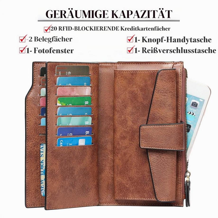 Only-bags.store  Vegane Ledergeldbörse RFID-Schutz Große, viele Fächer Lange Brieftasche mit 20 Kartenfächern 