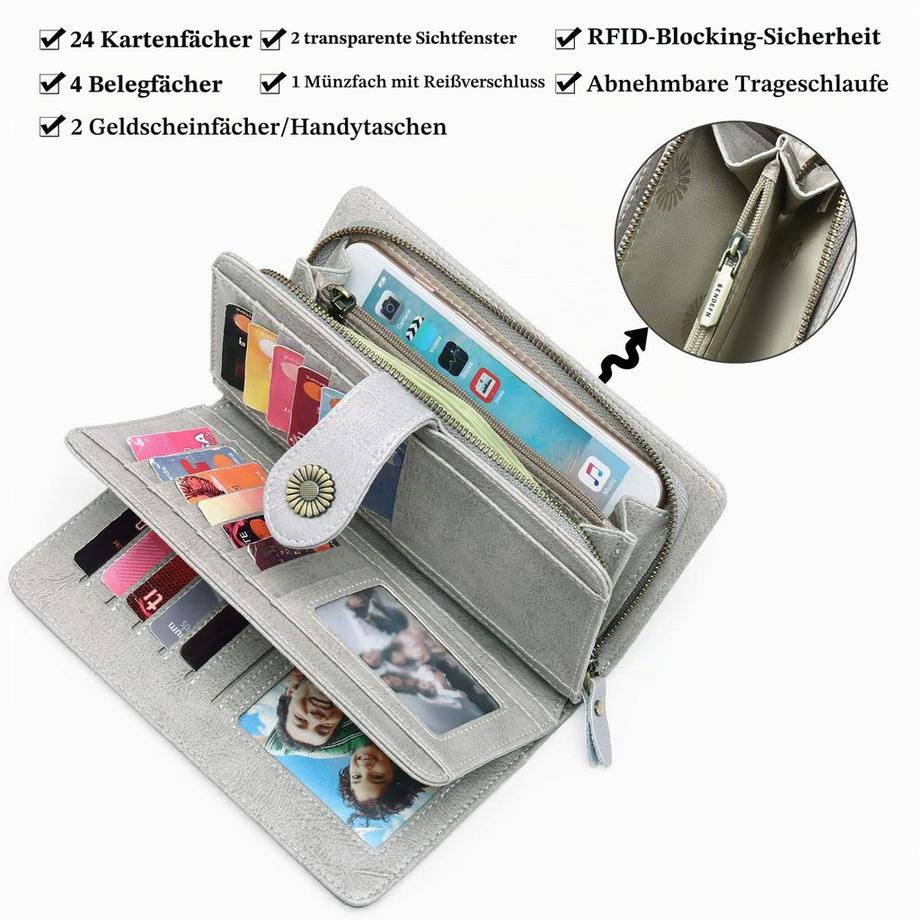 Only-bags.store  Ledergeldbörse Große Kupplung RFID-Schutzblockierung Lange Geldbörse mit großem Fassungsvermögen und 24 Kartenfächern 