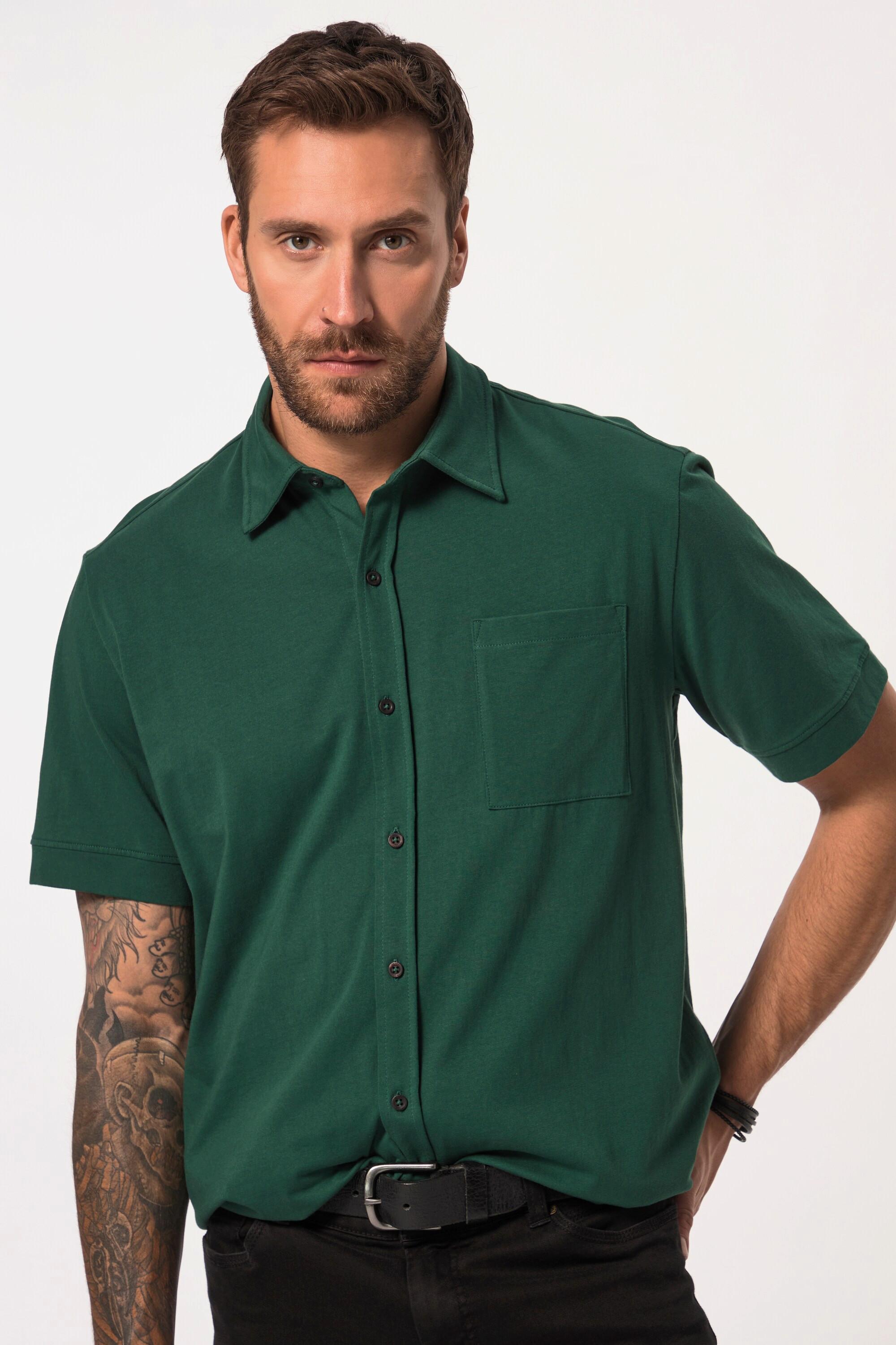 JP1880  Camicia di jersey con stampa sul retro, colletto ad apertura inglese e mezze maniche, fino alla tg. 8XL 