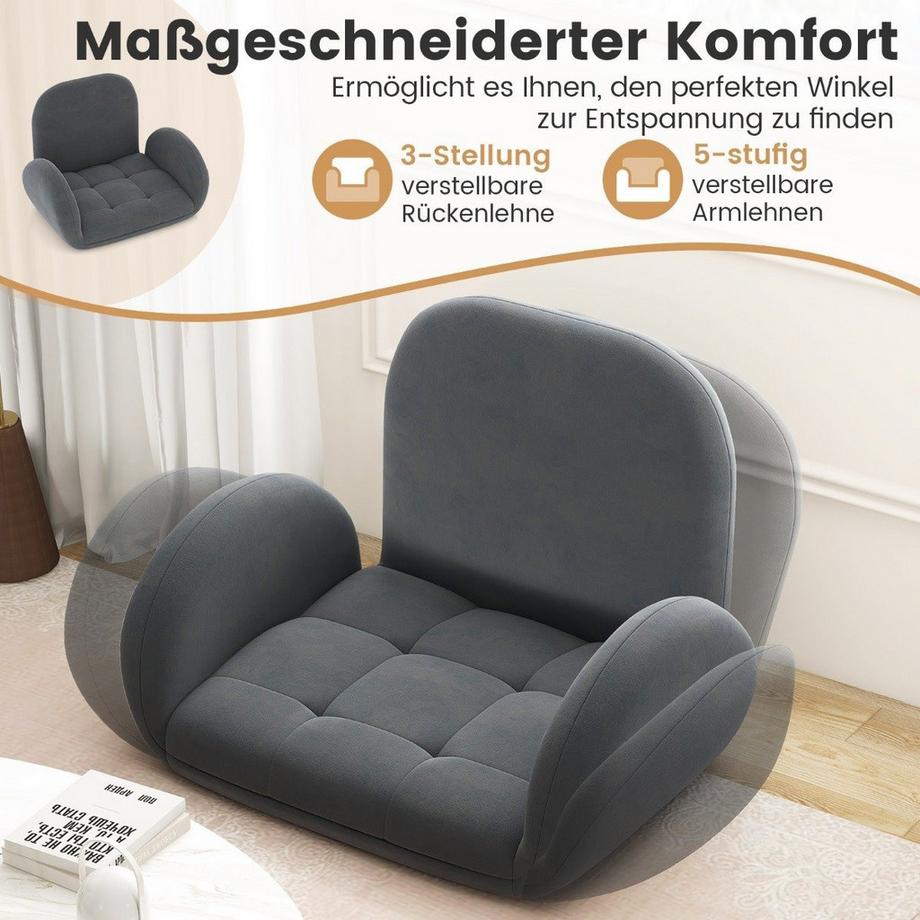 Bodenstuhl mit Verstellbarer Rückenlehne & Armlehnen Bondensofa klappbar Bodensessel Grau