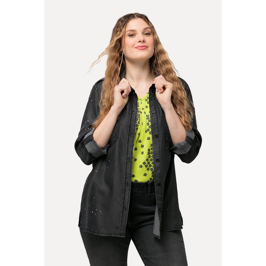 Ulla Popken Chemisier en jean à manches longues Délavage acid washed  