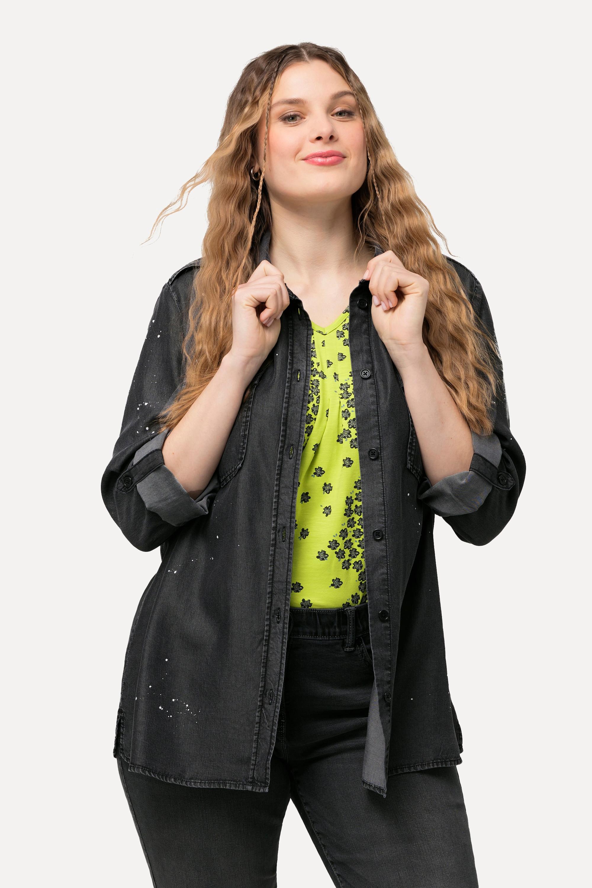 Ulla Popken Acid Wash Langarm Jeansbluse  