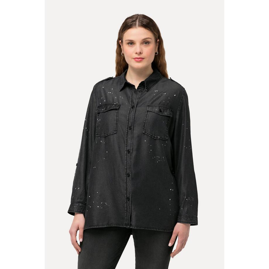 Ulla Popken Chemisier en jean à manches longues Délavage acid washed  