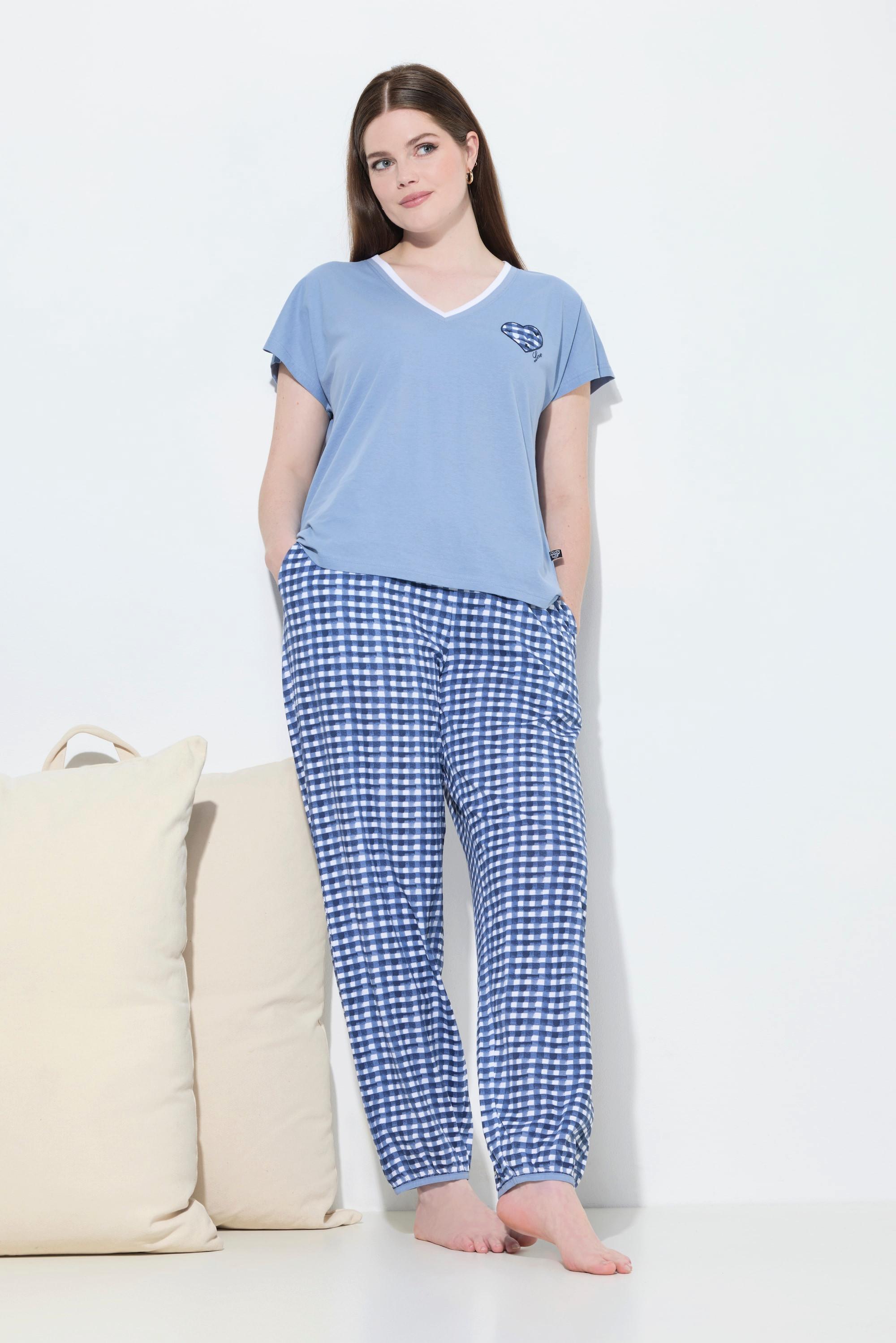 Ulla Popken Pigiama Quadri Scollo a V Mezze Maniche  