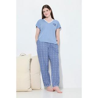 Ulla Popken Pigiama Quadri Scollo a V Mezze Maniche  