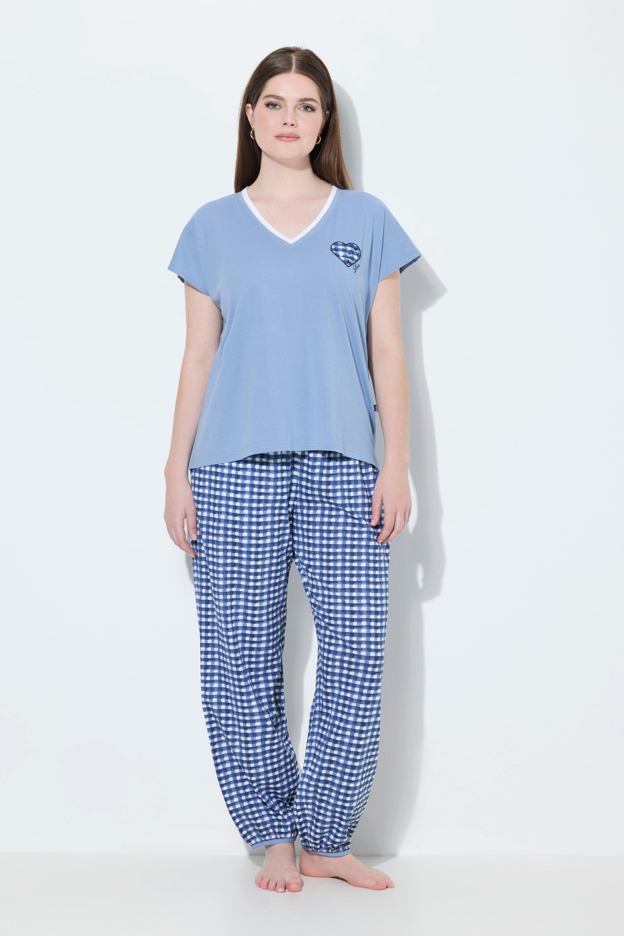 Ulla Popken Pigiama Quadri Scollo a V Mezze Maniche  